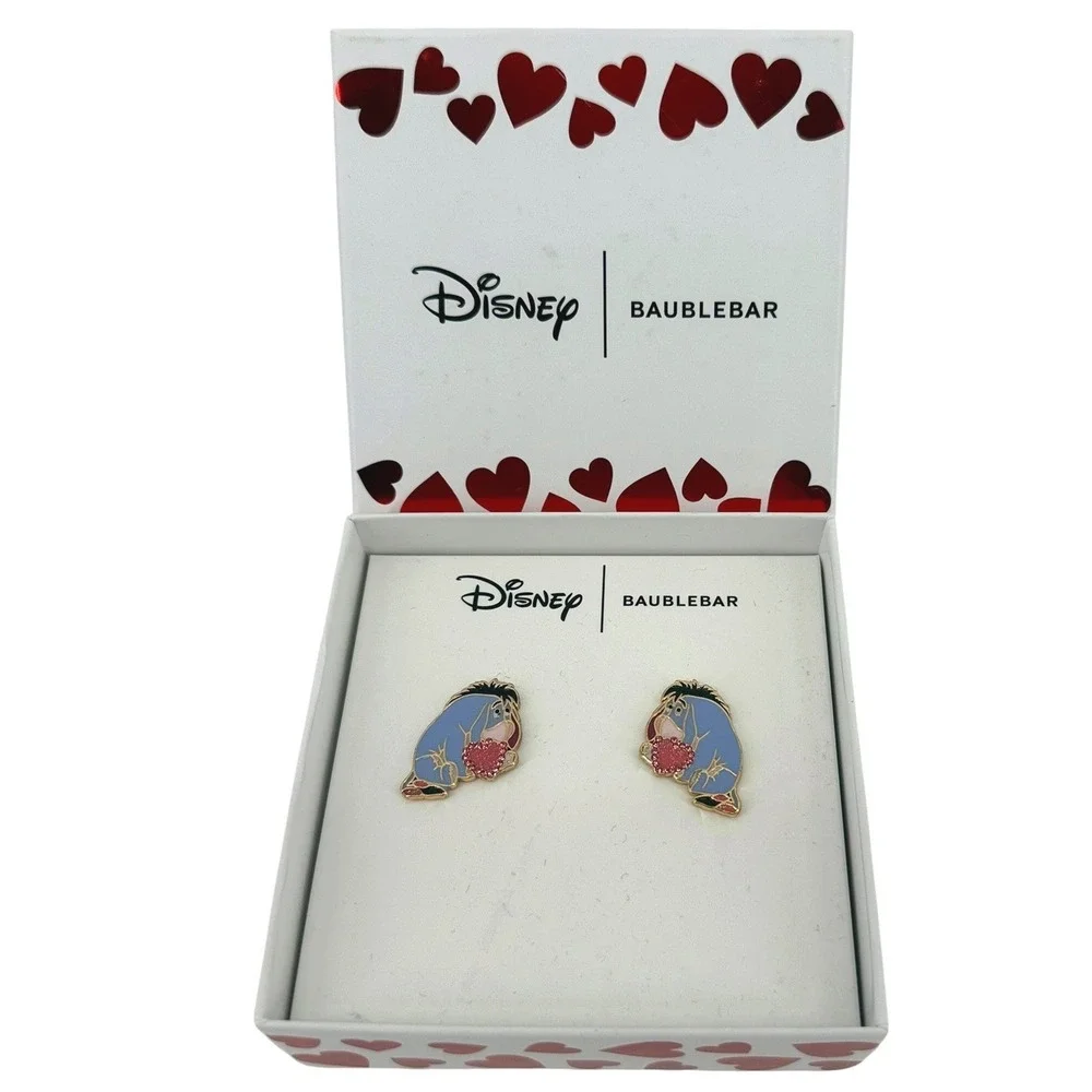Disney BaubleBar Eeyore Heart Stud Earrings Winnie the Pooh Enamel Gold Tone NEW